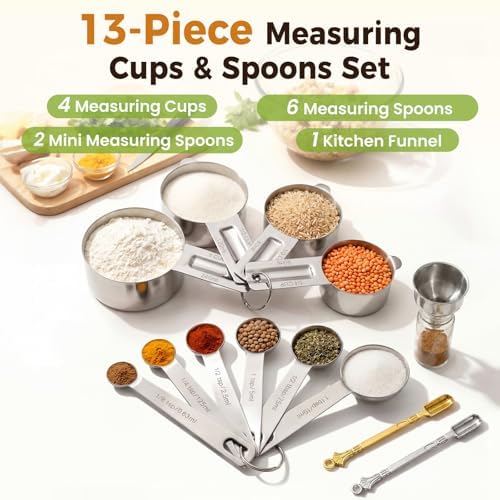 13PCS Measuring Cups and Spoons Set, Premium Heavy Duty Steel Measuring Spoons Cups Set with Metric and US Measurements, Set for Measuring Dry and Liquid Ingredients
