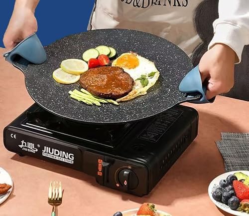 Yansanido Grill Pan, 11 Inch Diameter Iron Black Teppanyaki Pot with Non-stick Coating Baking Tray for Home, Party Travel and Outdoor (S)