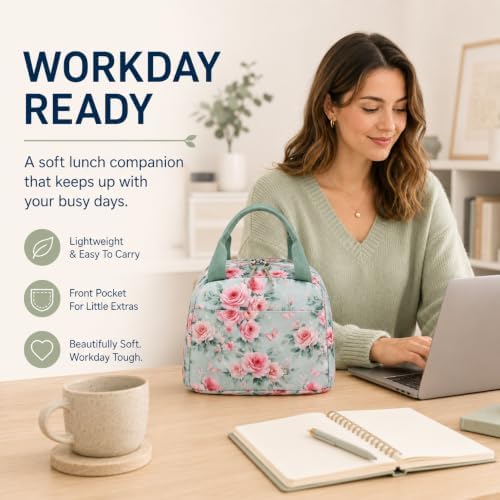 Bluboon Lunch Box for Women Cute Lunch Bag Reusable Insulated Lunch Bags Large Capacity Lunchbox Cooler for Work Picnic or Travel Gifts (Pink Rose Bow 282, 10 x 7.5 x 8 inches)