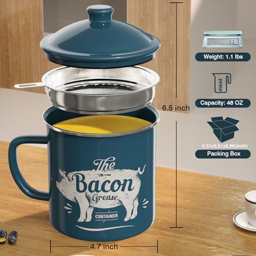PGYARD Bacon Grease Container with Strainer-46OZ Enamel Keeper with Spatula
