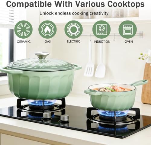 Enameled Cast Iron Sauce Pan, 2 Quart Saucepan with Lid, Small Cast Iron Pot Enamel Saucepan for Cooking Pasta Sauce, Gravy, Puddings, Marinate, Boiling (Fig Green)