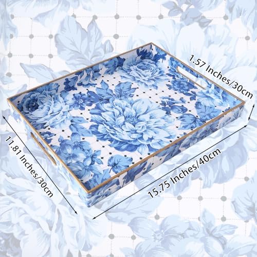 Serving Tray with Handles, Rectangular Plastic Tray 15.75x11.81 Inch, Decorative Tray for Kitchen, Dining Table, Vanity, Office & Home (Blue Peony, 15.8" x 11.8" x 1.6")