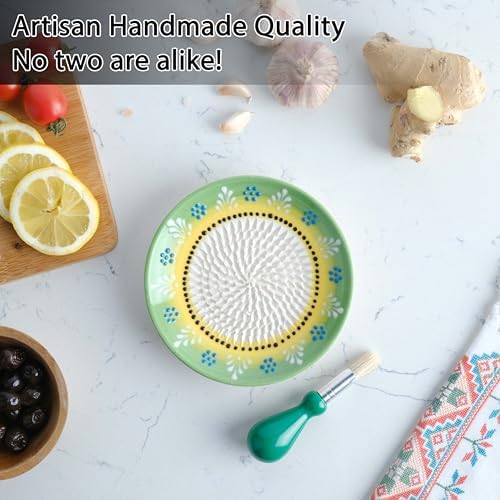 Ceramic Garlic Grater Plate Set – Handmade 4-Piece Press & Natural Grinder for Ginger, Cheese & Spices – Decorative Hand Dish (Green)