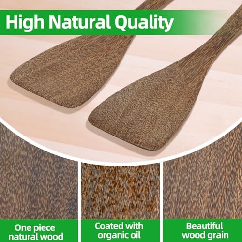 Ecavria 2PCS Wooden Spatula, 12.8IN Wooden Flat Frying Spatulas, Long Handle Wood Turner for Non-Stick Cookware, Natural Wood Cooking Utensils, Healthy, Sturdy & Heat-Resistant