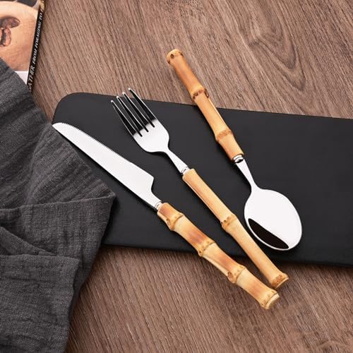 Dinner Fork Set, 8-Piece Natural Bamboo Forks, 18/8 Stainless Steel with Bamboo Handle, Silver Mirror Finish, Unique Design, 8.27 Inch