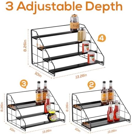 4 Tiered Spice Rack Organizer, 2 Pack Spice Rack Organizer for Cabinet, Tiered Adjustable Spice Shelf for Kitchen Countertop Pantry Organization (Carbon Black)