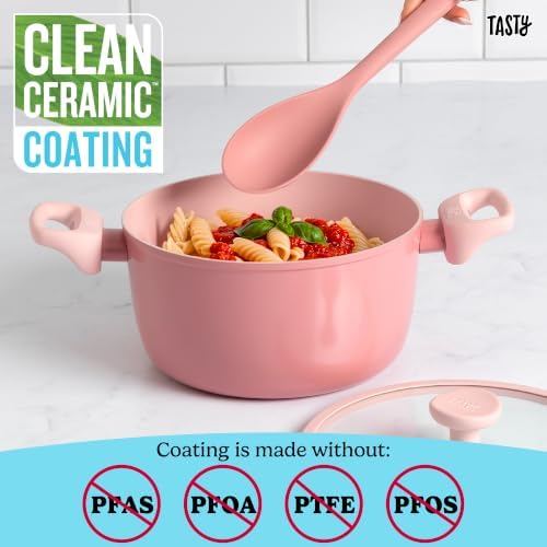 Tasty Ceramic Stock Pot with Glass Lid, Silicone Spoon, Healthy Nonstick Dutch Oven, Soup Pot, Casserole, Made without PFAS, PFOA, PFOS and PTFE, Dishwasher Safe, 5-Quart, 3-Piece Set, Pink