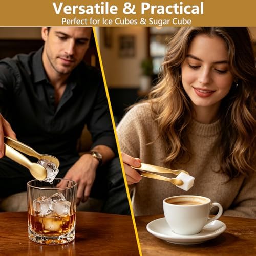10pcs Mini Serving Tongs, 4.3" Stainless Steel Small Sugar Tongs, Ice Tongs Kitchen Mini Serving Tongs for Serving Food, Ice, Sugar Cube, Salad, Desserts, Coffee Bar, Tea Party, Desserts Party (Gold)
