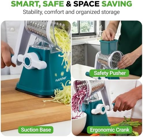 NutriChef 3 in 1 Cheese Grater & Shredder | Strong Suction Base, Rotary Handle with Safety Lock | Includes Hand Crank & 3 Drum Blades for 3 Textures, Fine, Medium & Strips | Green