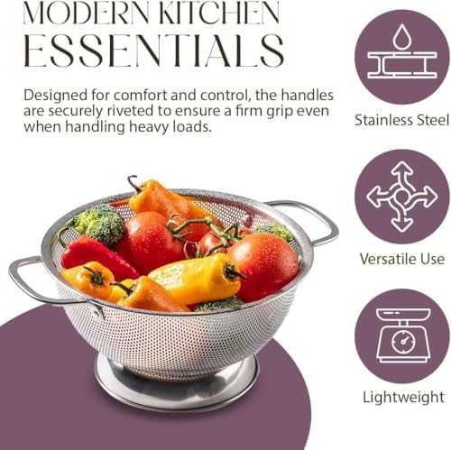 Bellemain Colander for Kitchen – 5 Qt Stainless Steel Strainer with Handle - Pasta Strainer Bowl for Pasta, Spaghetti, Vegetables, Fruit, and Pot Draining - Stainless Steel Colander (Pack of 2)