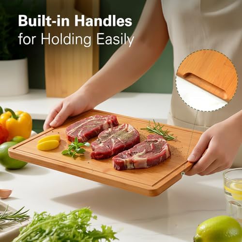 Zarler Bamboo Cutting Boards for Kitchen, 3 Piece Durable Wood Cutting Board with Juice Grooves and Handles, Wooden Chopping Board Set for Meal Prep, 500℉ Carbonized Bamboo, Ideal Kitchen Gift