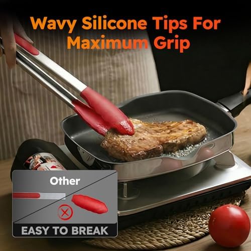 HST Non Stick Silicone Kitchen Tongs, 3 Pack 12 Inch Red BBQ Cooking Baking