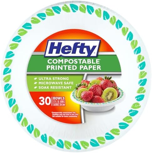 Hefty Compostable Paper Bowls, 12 oz,Patterned Disposable Bowls for BBQs,Parties,Holidays,Potlucks,and Everyday Use,Soak-Resistant,Made with Plant-Based Materials,Microwave Safe,30 Count (Pack of 8)