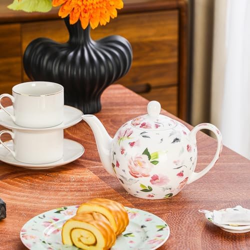 30oz Porcelain Floral Teapot, 3-4 Cups for Tea