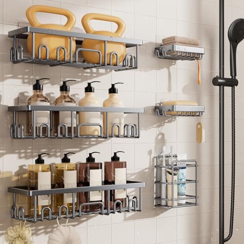 Veken Shower Caddy 6-Pack, No Drilling & Rustproof, Waterproof Adhesive Shelves Rack with Soap Holder, Large Capacity Bathroom Organizers and Storage, Wall-Mounted Kitchen & Home Decor, Bright Silver
