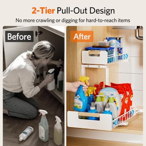 Delamu Under Sink Organizer Kitchen, 2-Tier Pull-Out Cabinet Shelf, 2-Pack