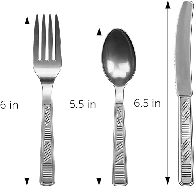 DecorRack Plastic Cutlery Set, Silver Colored Plastic Silverware Sets for Parties, 96 Piece Bulk Heavy Duty Utensils (Silver, 96 Pieces)