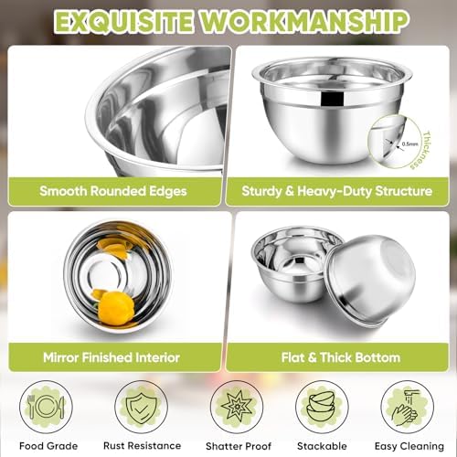 TeamFar Mixing Bowls Set of 5, Stainless Steel Metal Salad Bowls with Lids
