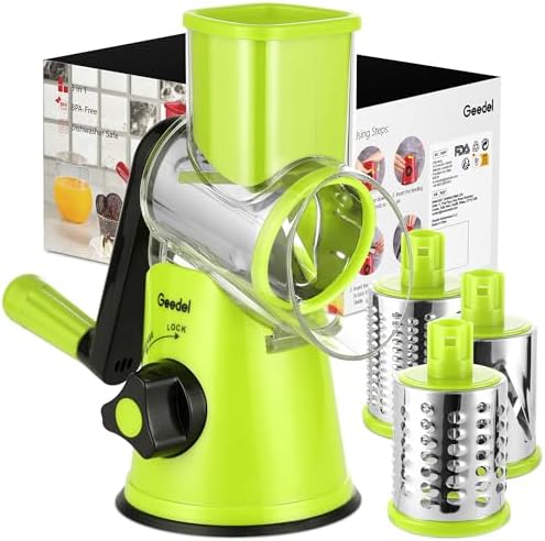 Geedel Rotary Cheese Grater, Kitchen Mandoline Vegetable Slicer with 3 Interchangeable Blades, Easy to Clean Rotary Grater Slicer for Fruit, Vegetables, Nuts