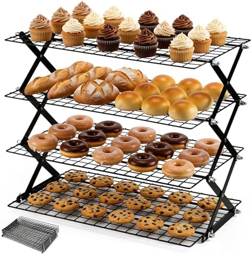 4 Tier Collapsible Cooling Rack - Upgraded Adjustable Heavy Duty Cooling Rack with 4 Setting Stackable Design - Space-Saving Folding Wire Bread Cookie Racks Cooling Baking Gifts for Women Black