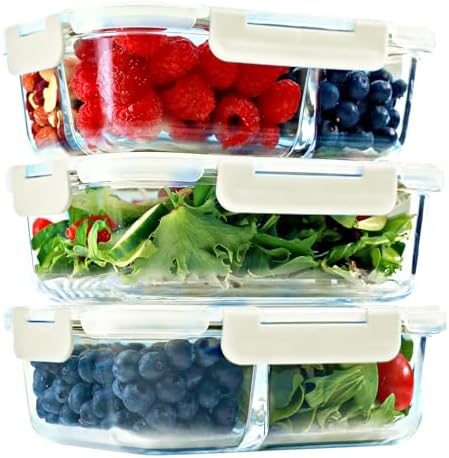 Glass Meal Prep Containers 1 & 2 & 3 Compartments, Airtight, 35 oz, 3 Pack