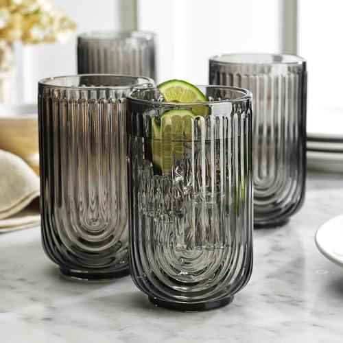 Glaver's Vintage Glassware - Art Deco Ribbed Drinking Glasses, U-Shape Arch Design Colored Cocktail Decorative Party Everyday Kitchen Tumblers, Hand Wash Only (Smoke S/4 17oz)