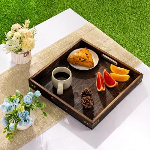 Serving Tray with Handles,Wood Decorative Tray,Square Large Serving Platter