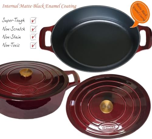 La Cuisine Enameled Cast Iron Oval Dutch Oven Casserole Dish Pot with Lid 6.75 QT Internal Matt Black Enamel Coating Gold-Plated Stainless Steel Lid Handle Oven Safe Cranberry