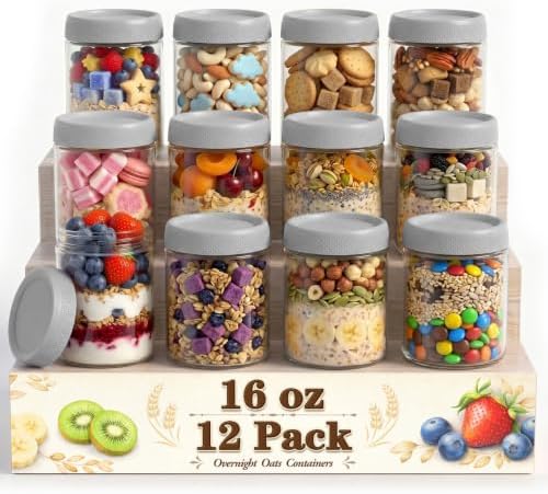 12 Pack Mason Jars 16 oz, Glass Jars, Jar with Lid, Suger Bowls, Grey