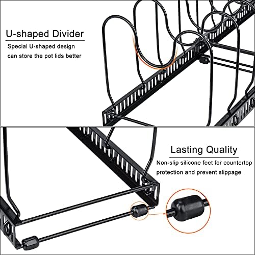 Toplife Pots and Pans Organizer Rack for Cabinet and Countertop, 10+ Pot Lids, Bakeware and Cookware Holder with 10 Adjustable Compartments - Black