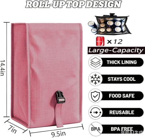 ZM-YOUTOO Insulated Foldable Lunch Bag- Lightweight Portable with Adjustable Shoulder Strap Lunch Box for Men, Women, Office, Work, Picnic, Hiking and Beach (Pink(Hard Fabric))