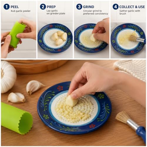 Ceramic Garlic Grater Plate Set – Hand-Painted Floral 4-Piece Set with Silicone Peeler, Cleaning Brush & Display Stand – Porcelain Grater Dish for Garlic & Ginger (Blue)