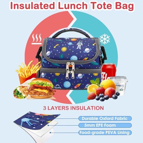 FlowFly Kids Double Decker Cooler Insulated Lunch Bag Large Tote for Boys, Girls, Men, Women, With Adjustable Strap, Astronaut