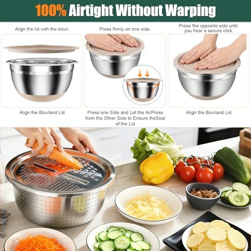 Stainless Steel Mixing Bowls Set with Lids & Silicone Base,7‑Piece Set