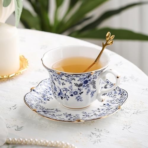 TATSUMI Country Roses Bone China Tea Cup and Saucer Set, 6 Pieces, Vintage Style, For Women and Tea Parties（QH, 2 SETS）