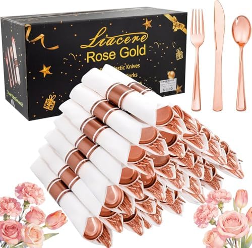 Liacere 100Pack Rose Gold Plastic Silverware - Pre Rolled Napkins with Rose Gold Cutlery - Wrapped Silverware Set Disposable100 Forks Knives Spoons Wrapped Utensils for Wedding ＆ Party