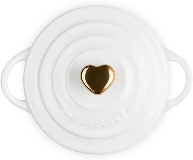 Le Creuset Stoneware Mini Round Cocotte, 8oz., White with Gold Heart Knob