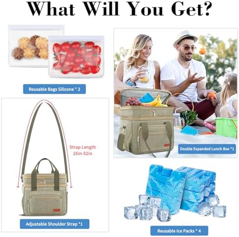 Coobiiya Insulated Lunch Box for Men & Women, Leakproof Lunch Bag Cooler Bag with 4 Pockets,Heavy Duty Lunch Bags Men Cooler Bags for Camping, Travel, Work Kayaking & Beach