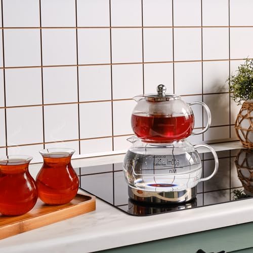 Karaca Refika Borosilicate Glass Teapot Set with Stainless Steel Tea Strainer, 1.5 L Kettle & 0.6 L Glass Teapot with Strainer, Turkish Tea Pot, Caydanlik