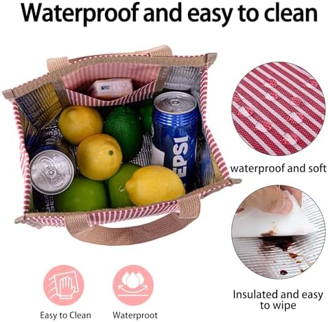 Insulated Lunch Bag for Work, 10.2"x5.9"x10.2" Oxford Waterproof Lunch Tote, Thermal Lunch Box for Office, Picnic & Outdoor, Red and White Striped Canvas Tote Bag
