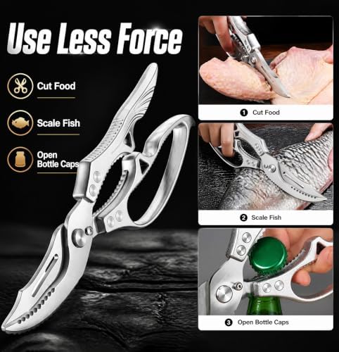 Heavy Duty Poultry Shears, Spring Loaded Kitchen Shears with Safety Lock - Sharp Stainless Steel Blades, Non-Slip Aluminum Handle, Dishwasher Safe Kitchen Scissors for Chicken, Turkey, Meat & Fish