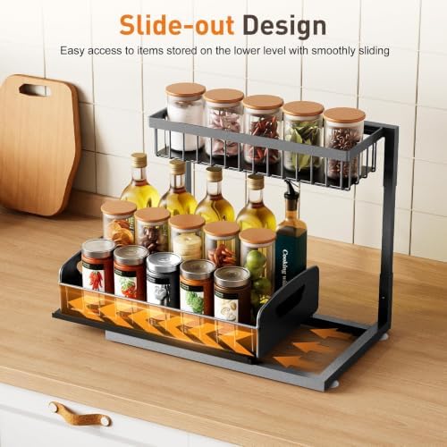 Under Kitchen Sink Organizer, Metal Pull Out Bathroom Organizers and Storage, 2-Tier Cabinet Organizer Shelf with Sliding Drawer, Home Organization for Kitchen, Laundry, Pantry, Dark Grey, 2 pack