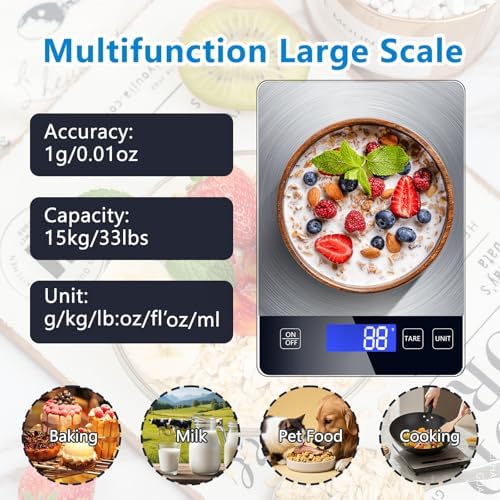 Food Kitchen Scale, Digital Food Scale 33lb Digital Kitchen Scale Precisely Measures Grams and Ounces for Meal Prep Baking and Cooking, 304 Stainless Steel Kitchen Scale LCD Display