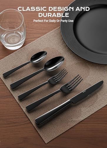 Black Silverware Set, 45-Piece Flatware Set Service for 8, Durable Stainless Steel, Mirror Polished Tableware Eating Cutlery Set, Kitchen Utensils Set with Steak Knives, Dishwasher Safe