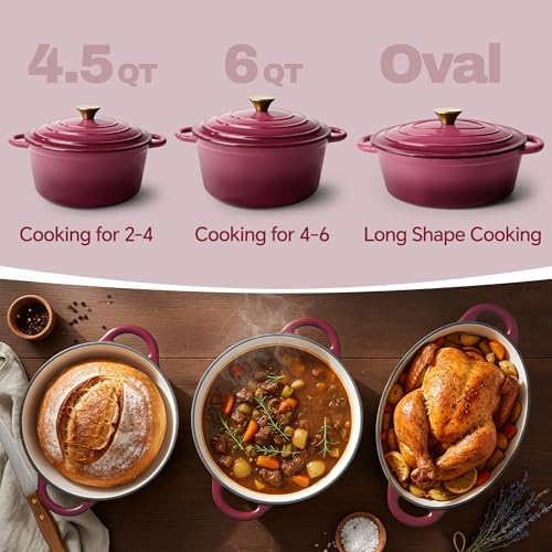 Vintage Style 4.5 Quart Dutch Oven Pot with Lid, Non Stick Enameled Cast Iron Dutch Oven for Bread Baking, Heavy-Duty, Oven Safe Ceramic Cookware Up to 500°F for Baking, Braising, Stews, Roasting, Rose