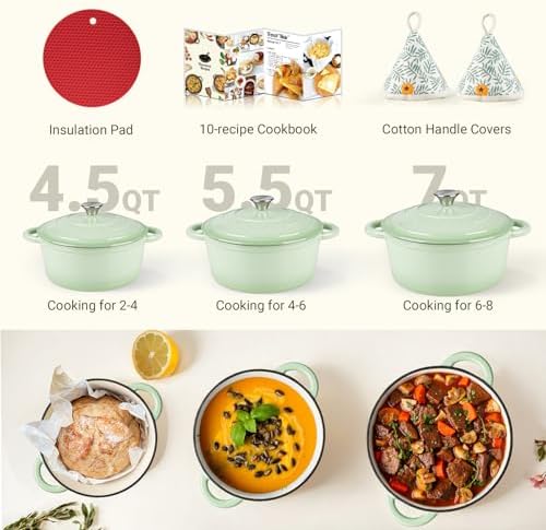 Overmont Enameled Cast Iron Dutch Oven - 7QT Pot with Lid Cookbook & Cotton Potholders - Heavy-Duty Cookware for Braising, Stews, Roasting, Bread Baking Verdant