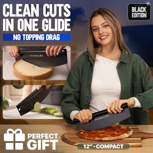 12-Inch Pizza Cutter Rocker Blade, 304 Stainless Steel Slicer Knife, Black