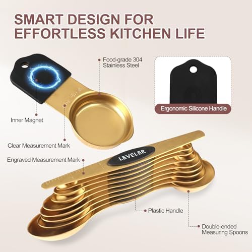 16-Piece Magnetic Measuring Cups and Spoons Set, Stainless Steel, Gold
