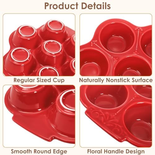 Youeon 2 Pack Red Ceramic Muffin Pans, 7 Cup Nonstick