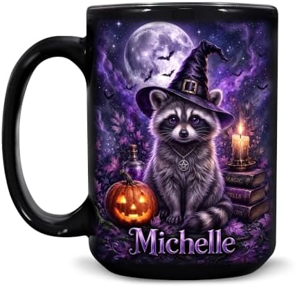 Hyturtle Personalized Halloween Raccoon Mug, Custom Name Gift for Women